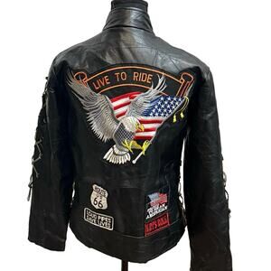 Diamond Plate Buffalo CustomLeather Biker Jacket w/ Patches American  - Size S